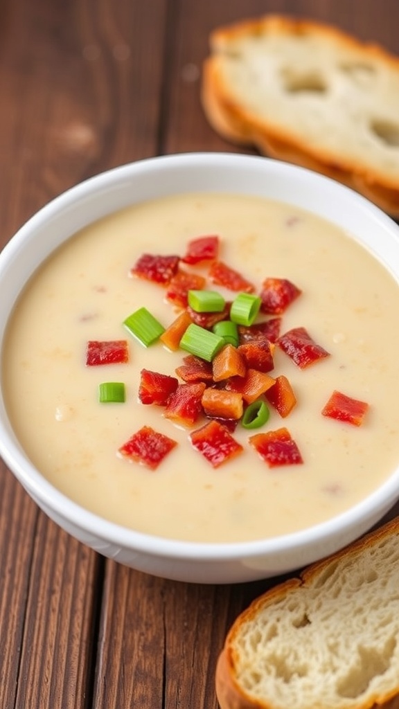 Rich and creamy potato soup garnished with bacon and green onions, served with bread on a wooden table.